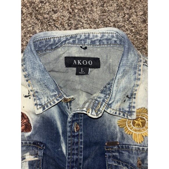 Men’s Akoo Acid Wash Denim Short Sleeve Shirt Embroidered Size L - Picture 3 of 5
